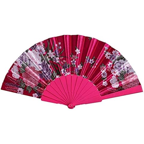 Lazzboy Hand Folding Fabric Fans Flower Openwork Plastic Costume Party Wedding Chinese/Japanese Fan Decorations(Fuchsia,23cm) Cover