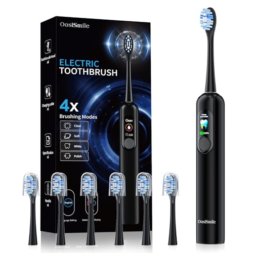 Sonic Electric Toothbrush with LED Smart Display, Sonic Toothbrush 4 Modes & 6 Brush Heads, 45-Day Battery, 38400 VPM Deep Clean, 2 Min Timer, IPX7 Waterproof Rechargeable Toothbrush for Travel & Home