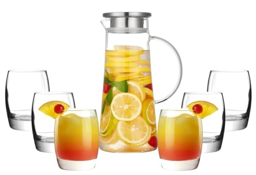 Image of bellemax Premium Water and Juice Glasses Set of 6 and Borosilicate Glass Jug Set Combo,(6 PC Glasses 300ML and 1 Water Jug 1.8 Liter), Transparent, Glass and Jug Set for Dining Table (Traditional- B)
