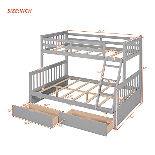 Harper & Bright Designs Bunk Bed With Drawers, Twin Over Full Bunk Bed, Solid Wood Bunk Bed Frame With Ladders & 2 Storage Drawers, Bedroom Furniture(Gery, Twin/Full With Drawers) #TOP1