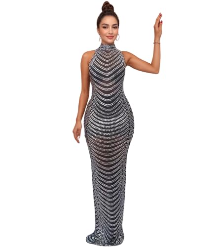 Image of PORRCEY Women's Sexy Elegant Rhinestone Mesh See Through Bodycon Party Club Night Prom Dress