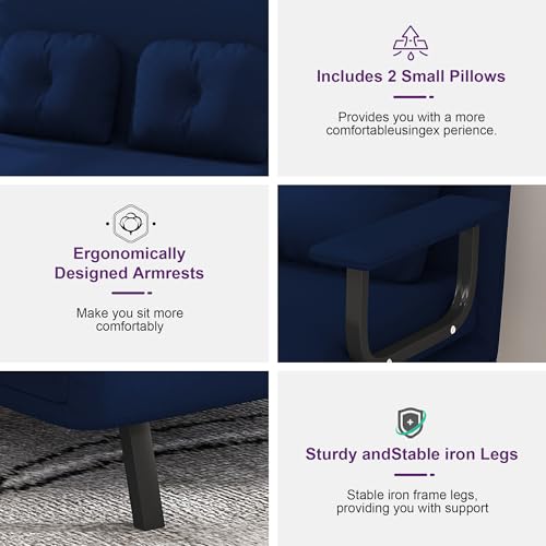 Image of Montary 5-in-1 Folding Sofa Bed for Two 71.6 inch Wide Convertible Chair with 5-Position Adjustable Backrest Pillow, Space-Saving Sleeper for Living Room Bedroom Office,Blue
