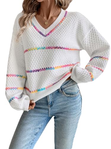 COZYEASE Women's V Neck Striped Color Block Sweater Drop Shoulder Long Sleeve Trendy Pullovers Knitwear