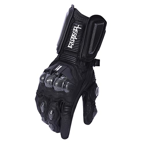 Harssidanzar Motorradhandschuhe aus Leder für Männer und Frauen,Touchscreen Powersports Carbon Fiber Knöchelschutz Motorradhandschuhe KM045, Schwarz,Größe XXL