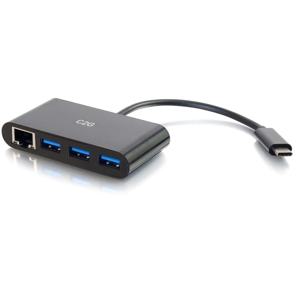 C2G Adaptador USB, concentrador USB, Adaptador Ethernet con alimentación, 3 Puertos, Negro, Cables para Llevar 29747
