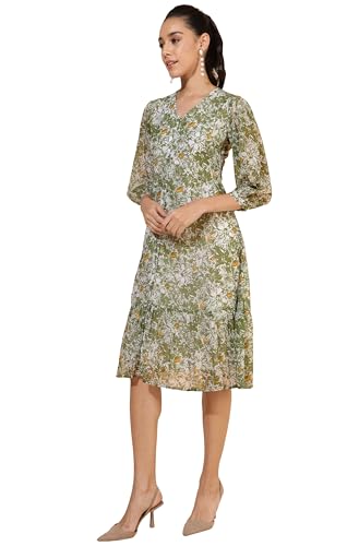 Image of Janasya Women's Olive Georgette Floral Printed A-Line Dress