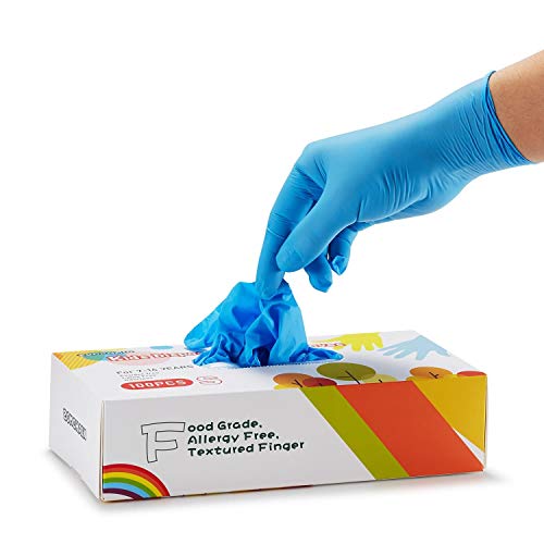 Preisvergleich Produktbild Einweg-Nitrilhandschuhe für Kinder von 7-14 Jahren latexfrei, lebensmittelecht, puderfrei zum Basteln, Malen, Gartenarbeit, Kochen, Reinigen, 100 Stück, Blau