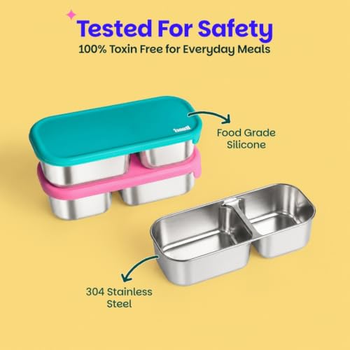 Image of Basil Stainless Steel 2 Compartment Pickle & Dip Container | Chutney Box for Tiffin | Leak Proof Container with Food Grade Silicone Lid | Dip Box for Ketchup & Sauces | School & Office - Green