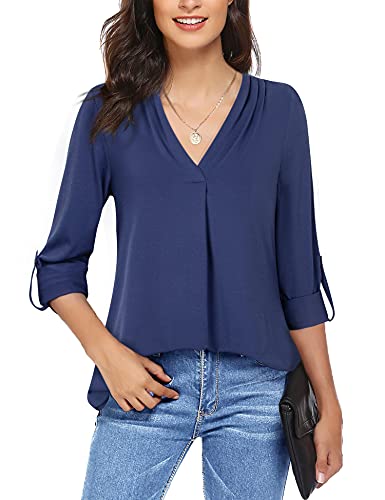 Timeson Casual Tunic Tops for Women, 3/4 Sleeve V-Neck Assymetrical Handkerchief Flowy Shirt Deep Blue XX-Large