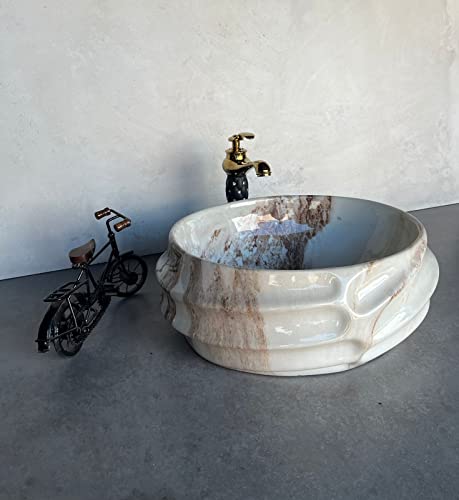 Image of Designer Glossy Finish Ceramic Art Table Top Wash Basin For Bathroom | Collapsible Countertop Washbasin (Black White Glossy Art, 16 x 13 x 6 Inch)