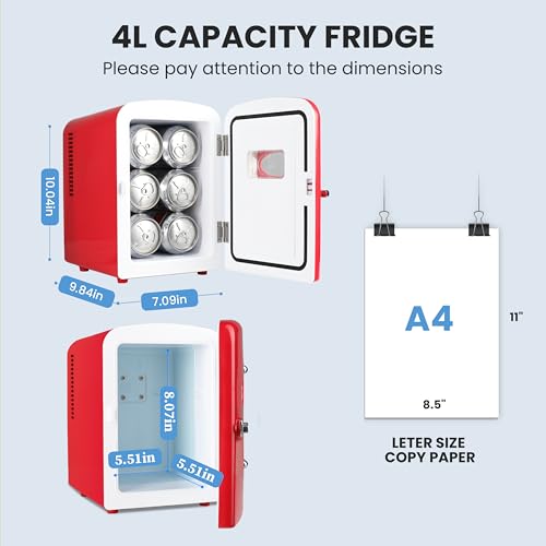 Image of HealSmart 4L Mini Fridge with Observation Window, 6 Can Capacity, Freon-Free and Portable Cooler and Warmer, Cosmetics /Food /Beverage, Red New