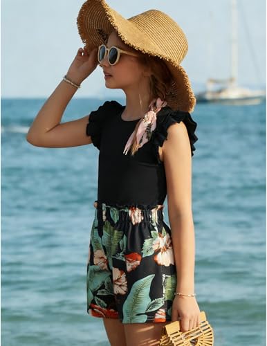 Image of Arshiner Girls 2 Piece Outfits Summer Clothes Ruffle Short Sleeve Shirts Top and High Waist Paper Bag Shorts Set with Pockets