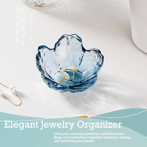 Image of Binoster Blue Flower Glass Ring Dish Jewelry Tray Ring Holder Dish Cute Room Decor Vanity Organizer for Nightstand or Bathroom Aesthetic Trinket Dish Gift for Wife Mom Daughter
