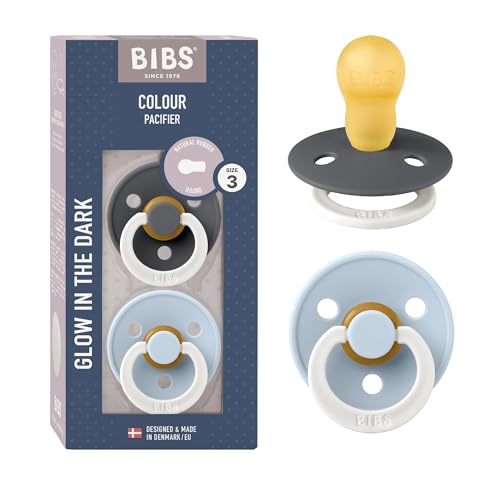 BIBS Pacifiers Colour Collection | Natural Rubber Baby Pacifier | Set of 2 BPA-Free Soothers | Made in Denmark | 18+ Months (Pack of 2) | Iron Glow/Baby Blue Glow