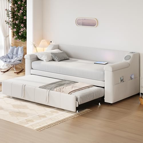 Aunvla Cama tapizada sofá cama, 90/180 x 190 cm, reposabrazos anchos y gruesos, con sistema estéreo Bluetooth inteligente con puerto de carga USB, con compartimentos de almacenamiento, con somier