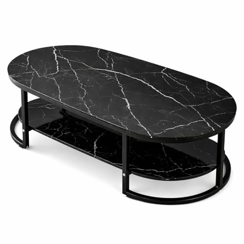 Image of Coffee Tables for Living Room Modern Coffee Table Oval Sofa Table Center Tables for Living Room 2 Tier Side Table Small Apartment Home Furniture Black Gold 2T (Black Black)