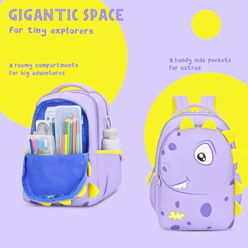 Skybags Buddy 03 Dino 20 Liters Premium Polyester Fabric School Backpack for Kids with Multiple Compartments and Adjustable Strap - Boys & Girls (Yellow & Purple) - Image 4