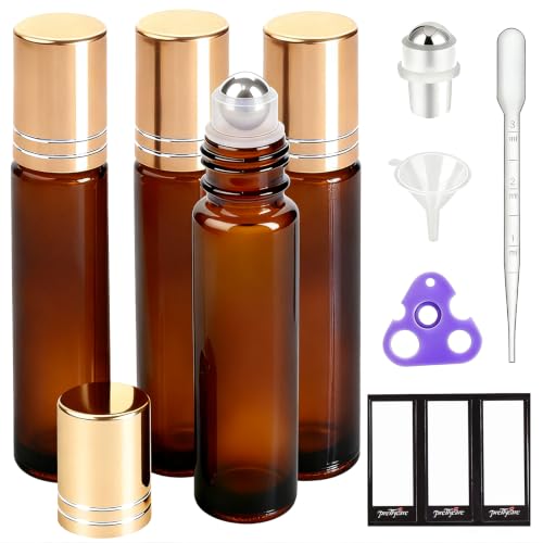 PrettyCare 4 Pack Amber Glass Oil Roller Bottles...