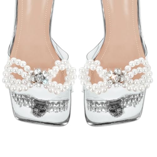 Image of Yolkomo Women's Square Toe Clear Heels Sexy Rhinestone Bow Heels Open Toe Ankle Strap Stiletto High Heel Sandals
