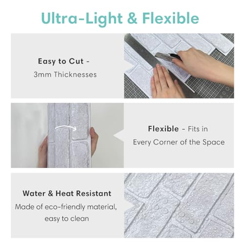 Commomy 10 Stück 3D Wandpaneele Steinoptik Selbstklebend 30 x 30 cm Weiße Ziegel 3D Steinoptik Tapete PVC Steintapete Selbstklebende Wandverkleidung für Innen Wohnzimmer Schlafzimmer Kamin