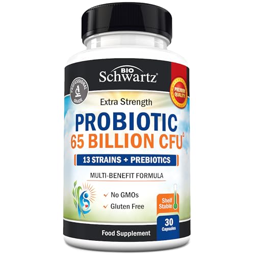 BioSchwartz Probiotic 65 Billion - Probiotics with Prebiotic for Women & Men - Lactobacillus Acidophilus Digestive Health Capsules - Targeted Release Technology - Shelf Stable Supplement Non-GMO -30ct