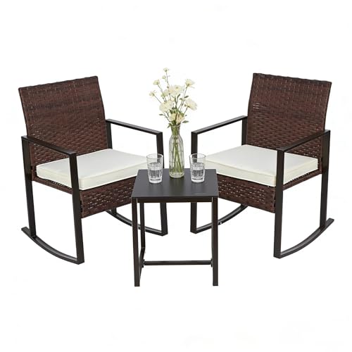 UNITED FLAMES 3 Piece Patio Wicker Rocking Chair Set, Outdoor