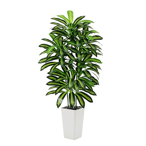 Artificial Dracaena Tree - 5FT Tall Fake Plants with White Tall Planter - Artificial Plants Indoor Floor Plant in Pot - Large Tropical Fake Yucca Potted Tree for Home Office Living Room Decor