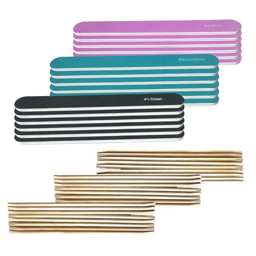 42pc Value Set Nail File Emery Boards & Cuticle Sticks: 6 Black (Clean) 6 Blue (Condition) 6 Pink (Shine) 24 Wood Sticks Cuticle Pushers All Nails Natural Acrylic Gel Press-On Travel TSA Friendly