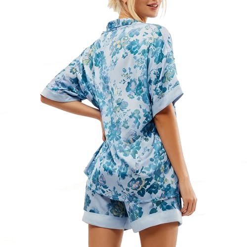 Image of Women Silk Pajamas Floral Satin 2 Piece Pajama Sets | Button Down Short Sleeve Shirt and Elastic High Waist Shorts, Vintage 2Pcs Pj Sets, Two Piece Lounge Set, Elegant Sleepwear