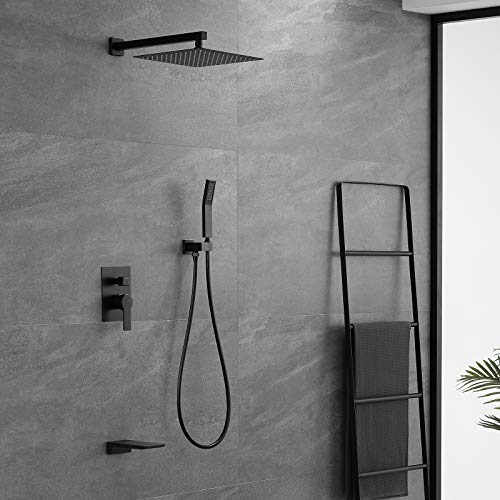 SHAMANDA Shower System with Waterfall Tub Spout and Handheld Shower Head, 12" Rain Shower Faucet Sets Complete with Shower Round-in Valve and Trim, Wall Mounted, Matte Black, L1001-7