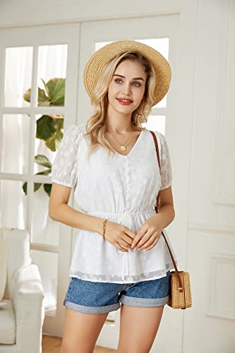 Summer Tops For Women 2023 Chiffon Blouse Mesh Puff Sleeve Casual V Neck Peplum Tops Flowy Tops White #TOP3