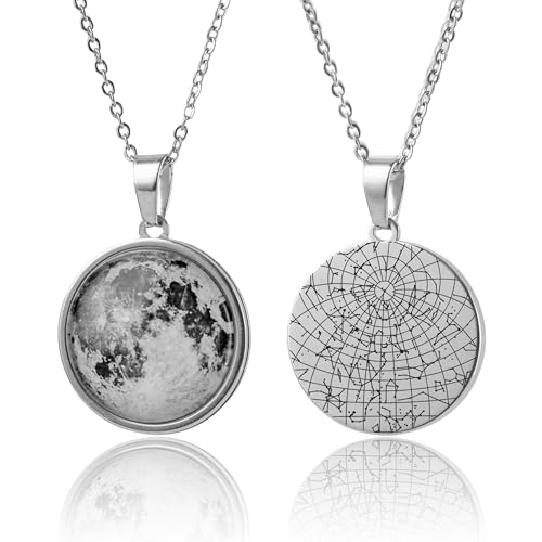 Personalized Moon Phase and Star Map Necklace - Custom Pendant Showing Moon and Star Alignment and Displays the Night Sky from a Specific Date and Location (KP.7) (Silver, Chain lenght: 16")
