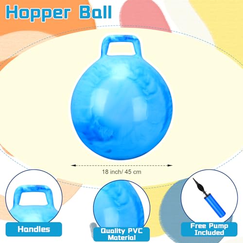 Poen 3 Pcs 18 Inch Hopper Inflatable Bouncy Ball with Handle Hippity Hop PVC Jumping Hopping Ball with 1 Air Pump for Kids Toddler Boys Girls Gifts Games(Red Blue Purple)