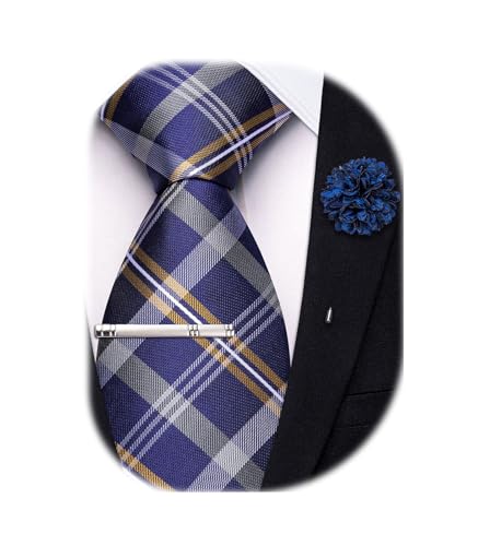 Image of Hi-Tie 63 inches Striped Paisley Extra Long Ties for Men Silk Necktie with Lapel Pin Tie Clip Big and Tall Men Formal Wedding