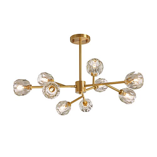 CROSSIO Modern Sputnik Chandelier Crystal Globe Shade Flush Mount Ceiling Light Brass Mid-century Pendant Light for Bedroom Dining Room (9 Lights)