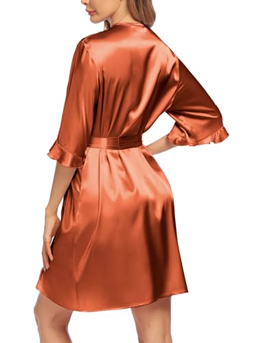 Image of Ekouaer Women's Satin Robe Valentines Lingerie for Women Kimono Bathrobe Short Ruffle Belted Robes Bridesmaids Sleepwear