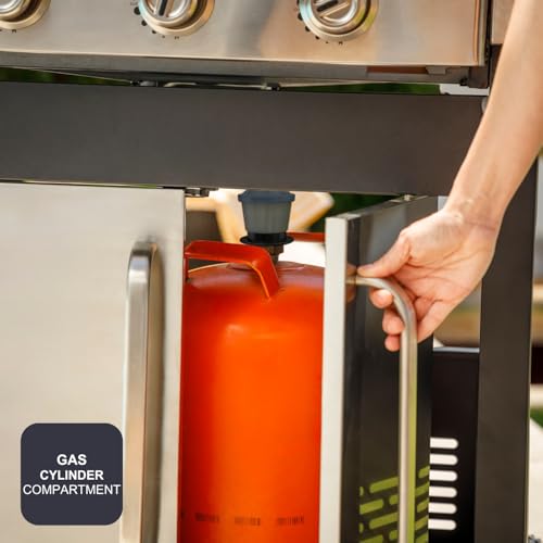 Black+Decker Gasgrill BXOG12950E | 3 Brenner 3,6 kW + Seite 2,1 kW | Gusseisengrill | einfache Reinigung | Thermometer aus Edelstahl | flexible Kochzone | Schwenkräder