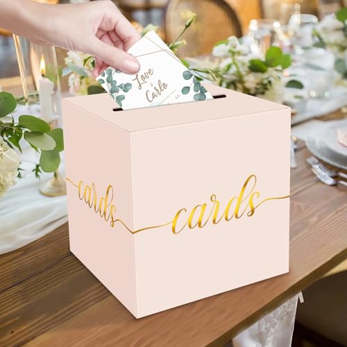 Image of 1 Pack Blush Pink and Gold Foil Card Box for Party, 8.7 inch Blush Pink Gift Card Box for Birthday, Wedding, Baby Shower, Retirement, Anniversary, Graduation, Raffle Ticket, Party