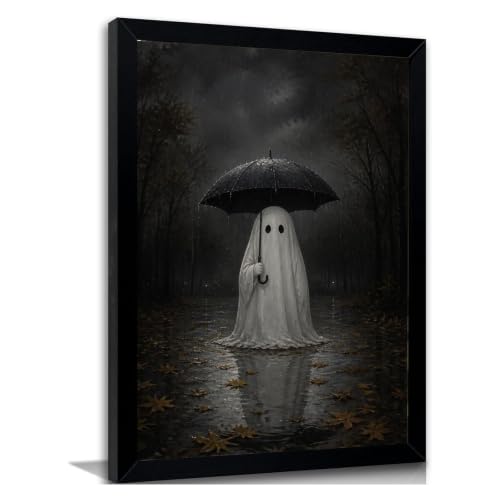 Ghost Holding Umbrella Rainy Forest Wall Art Moody Home Decor