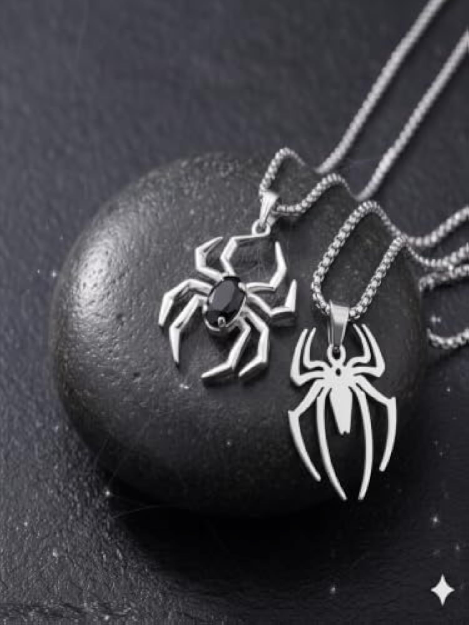 Spider Pendant Necklace, Silver Stainless Steel with Black Crystal