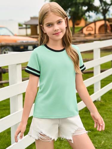 Image of Haloumoning Girls Short Sleeve T Shirts Kids Summer Crewneck Color Block Tops Fashion Tees 5-14 Years