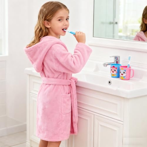 Image of Boys Girls Bathrobes,Toddler Boy Girl Robes,Children's Plush Soft Coral Fleece Hooded Pajamas Sleepwear for Kids