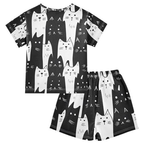 ALAZA White Black Cat Cartoon Pajamas Set Short Sleeve Cotton Sleepwear Summer Pjs 2 Piece 5-14Y2