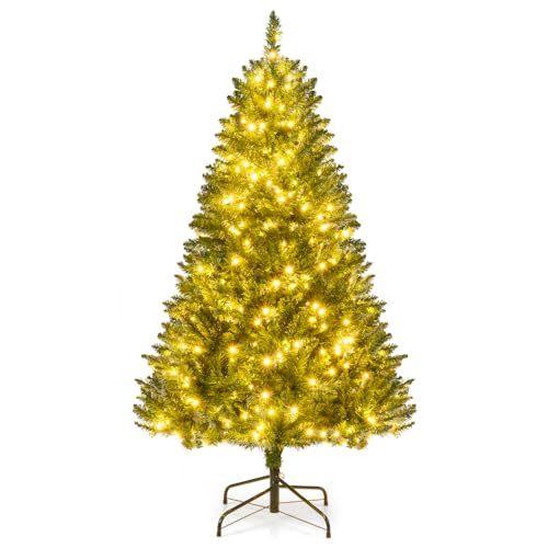 Goplus 5 FT Pre-Lit Artificial Christmas Tree, Hinged Xmas Tree with 510 Branch Tips, 400 Warm White LED Lights, 7 Lighting Modes & Folding Metal Stand, Seasonal Decoration Tree for Home Party Holiday