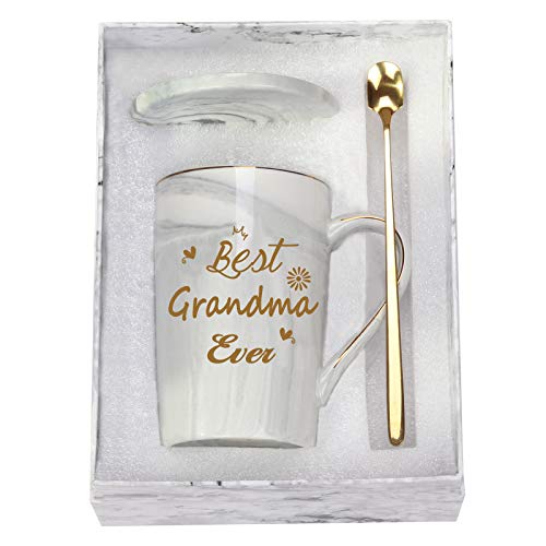 Best Grandma Mug - 14 Oz Gray with Gift Box, Spoon & Coaster - Perfect for Mothers Day & Birthday Gifts from Grandkids