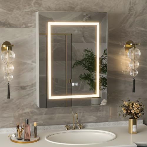 Mepplzian Lighted Medicine Cabinet with Mirror,3-Color Control,Mirror Medicine Cabinet with Storage...