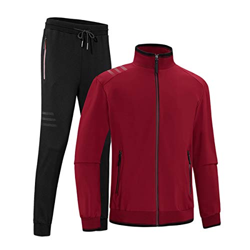 INVACHI Men's Casual 2 Pieces Contrast Cord Full Zip Sports Sets Jacket & Pants Active Fitness Tracksuit Set Wine Red