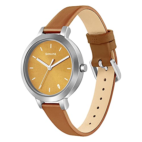 Image of Sonata Play Yellow Dial Women Watch with Leather Strap-8141SL03
