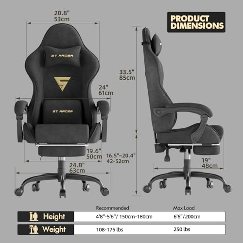 Image of Gaming Chair Racing for Adult, Office Chair with Footrest Massage Lumbar Cushion, Velvet Fabric Reclining Video Game Chairs, Ergonomic Computer Chairs Height Adjustable, for Home Streaming, Black