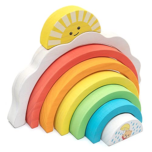 Bimi Boo Natural Wooden Rainbow Blocks for Toddlers 2 Year Old and Up - Stacker Toy for Kids - Color and Sorting Learning - Gender Neutral Gifts - Storage Board